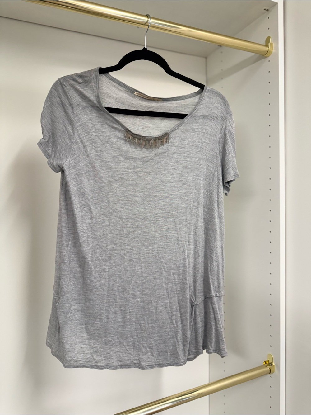 Marithe Francois Girbaud Light Gray Short Sleeve Top with Fringe Trim